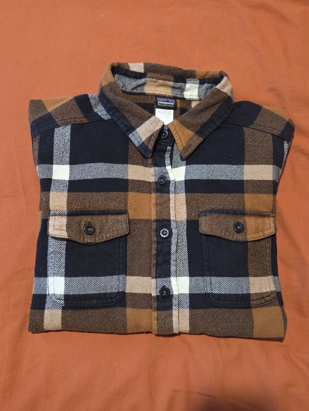 Patagonia Women's Fjord Organic Plaid Flannel Shirt Black, Brown & White Size 6
